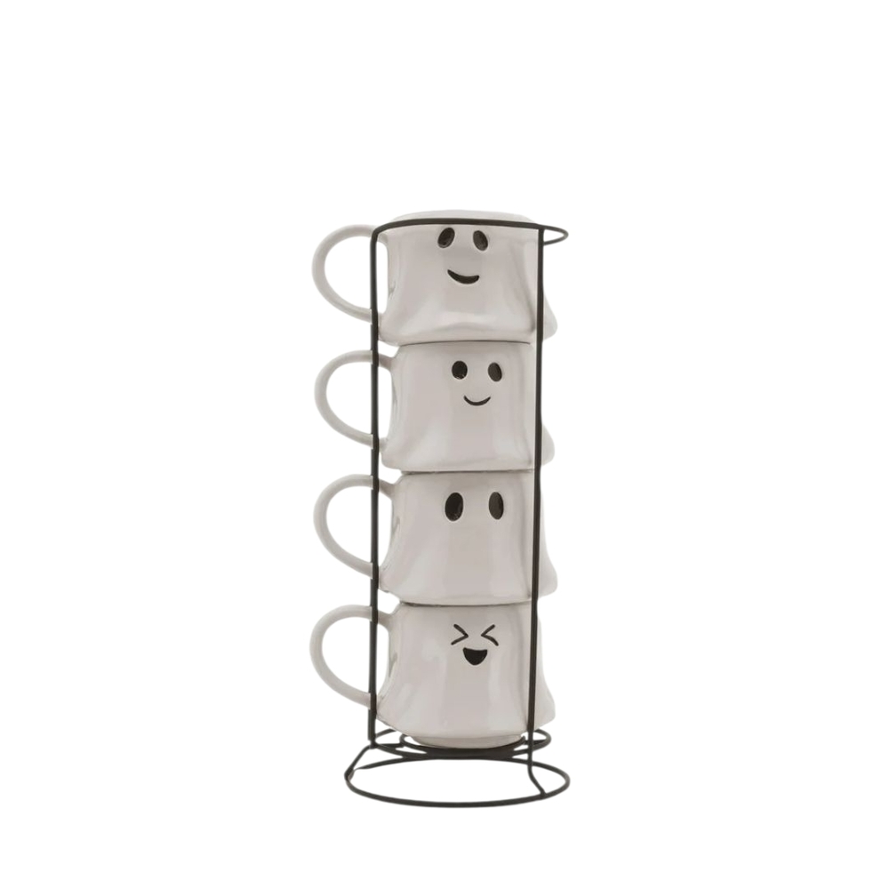 Stackable Ghost Mugs with Stand - White